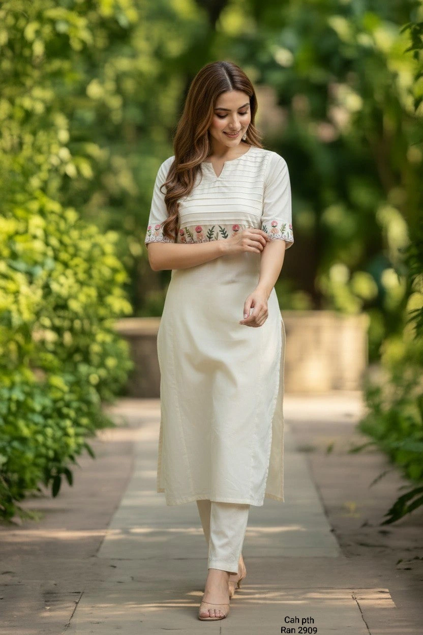 Cotton Embroidered Kurti & Pant Set