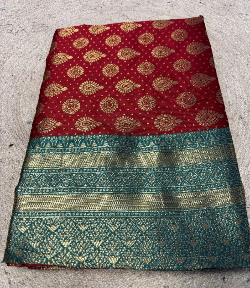 Generic Women's Jacquard Printed Saree With Unstitched Blouse - 5.5 Mtr (Maroon-Teal)