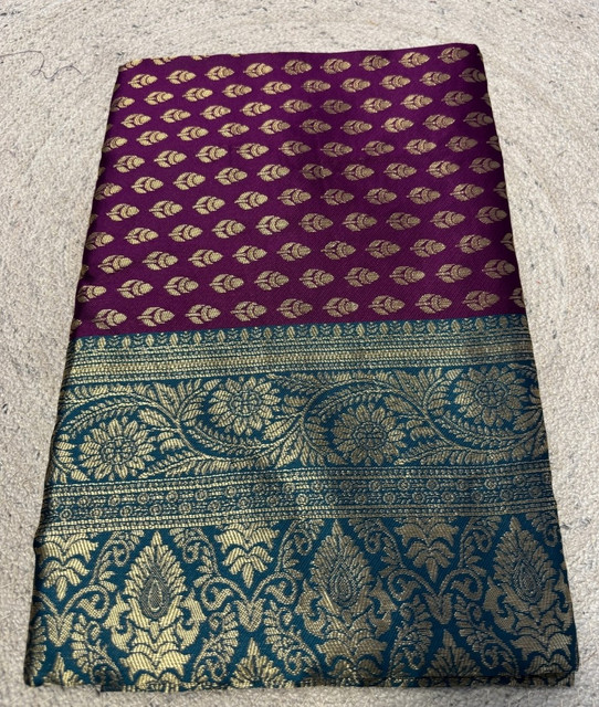 Generic Women's Jacquard Printed Saree With Unstitched Blouse - 5.5 Mtr (Purple-Teal)