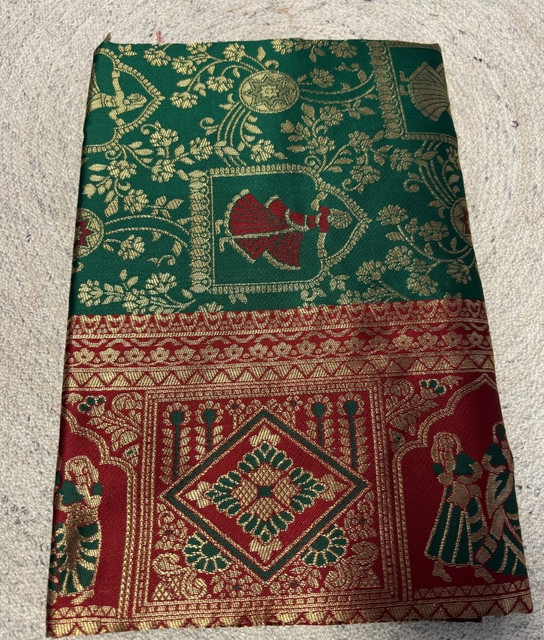 Generic Women's Jacquard Printed Saree With Unstitched Blouse - 5.5 Mtr (Green-Red)