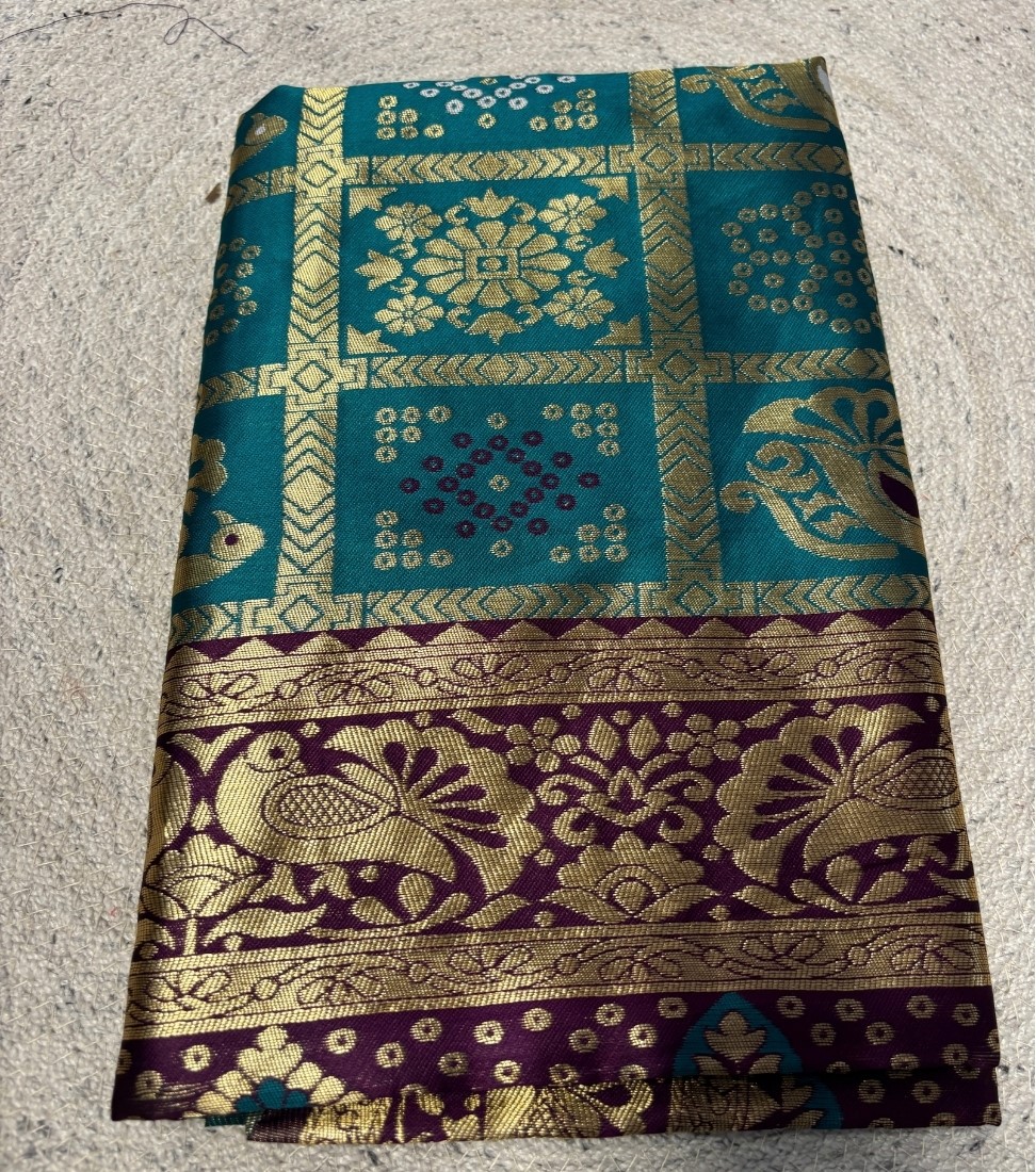 Generic Women's Jacquard Printed Saree With Unstitched Blouse - 5.5 Mtr (Teal-Purple)