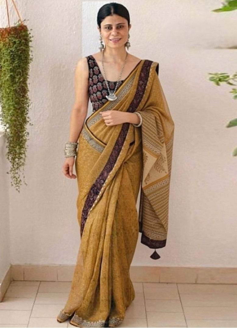 Generic Women's Linen Cotton Printed Saree With Unstitched Blouse - 5.5 Mtr (Mustard Yellow)