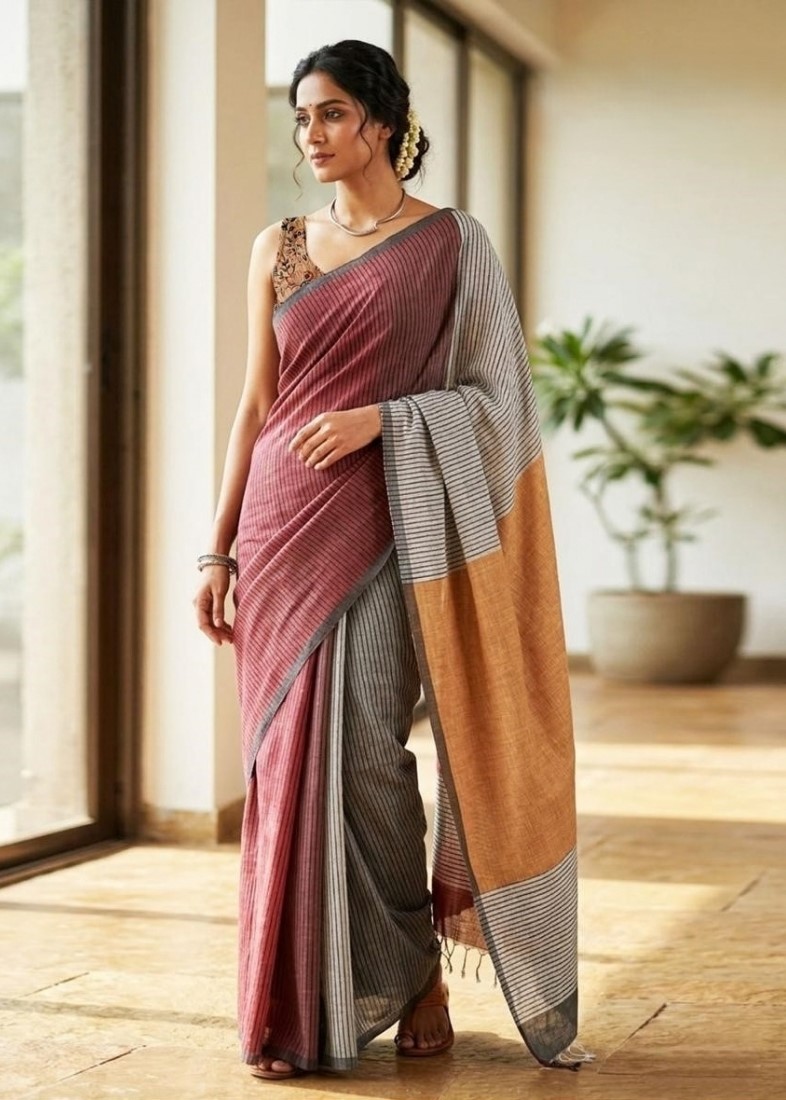 Generic Women's Linen Cotton Striped Saree With Unstitched Blouse - 5.5 Mtr (Maroon-Grey)