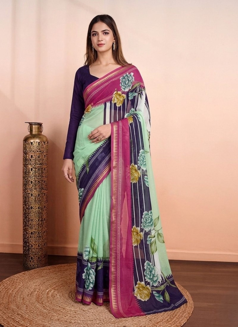 Generic Women's Marshmallow Cotton Floral Printed Saree With Unstitched Blouse - 5.5 Mtr (Multicolor)