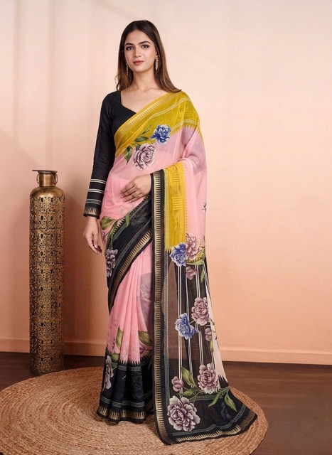 Generic Women's Marshmallow Cotton Floral Printed Saree With Unstitched Blouse - 5.5 Mtr (Multicolor)