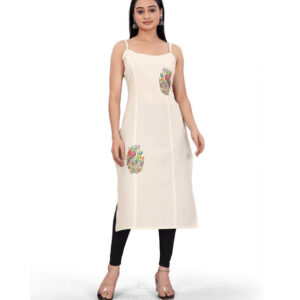 Generic Women's Khadi Cotton Floral-Paisley Printed Scoop Neck Sleeveless Kurti (Off White)