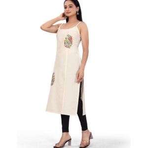 Generic Women's Khadi Cotton Floral-Paisley Printed Scoop Neck Sleeveless Kurti (Off White)