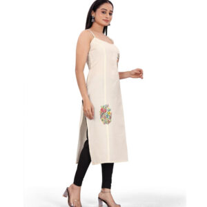 Generic Women's Khadi Cotton Floral-Paisley Printed Scoop Neck Sleeveless Kurti (Off White)