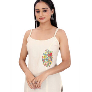 Generic Women's Khadi Cotton Floral-Paisley Printed Scoop Neck Sleeveless Kurti (Off White)