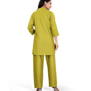 Generic Women's Polycotton Floral Printed Mandarin Collar 3/4 Sleeve Kurti With Pant Co-ord Set (Olive Green)
