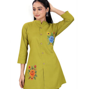 Generic Women's Polycotton Floral Printed Mandarin Collar 3/4 Sleeve Kurti With Pant Co-ord Set (Olive Green)